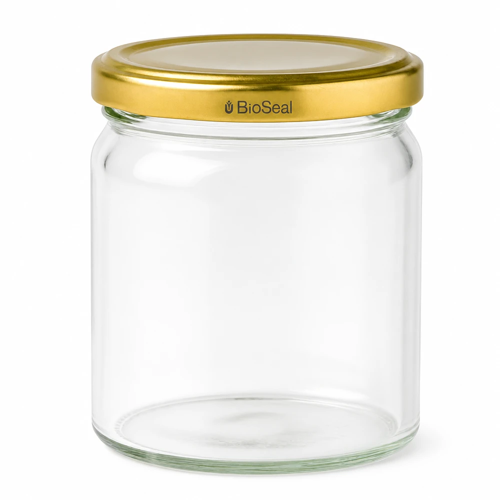 408 ml rund burk med UNiTWIST BioSeal-lock i guld UNiTWIST Runda408 konserveringsburk med gyllene TO82 BioSeal-lock - rund glasburk för konservering och förvaring