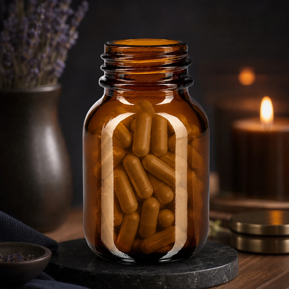 50ml bärnstensfärgat glas med bred hals Högkvalitativ 50 ml flaska med vid hals av robust bärnstensfärgat glas för säker förvaring av kosttillskott