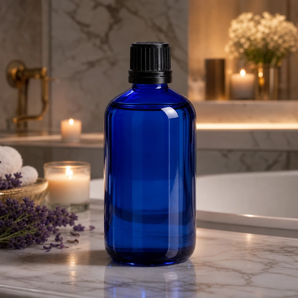 Koboltblå apotekarflaska på 100 ml med svart originalförslutning i ett elegant badrum