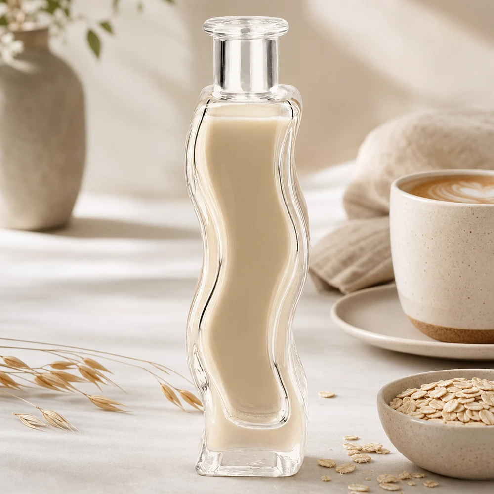 100 ml glasflaska Melissa utan förslutning UNiTWIST® Glasflasche Melissa 100ml mit cremiger Flüssigkeit in elegantem Wellness-Setting mit Haferflocken und Kaffeetasse