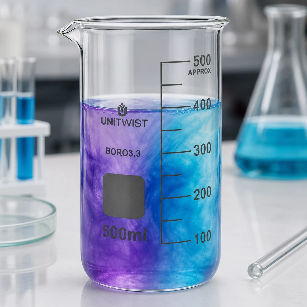 Becherglas av borosilikatglas, 500 ml, hög modell med blå-violett färgblandning i laboratoriet