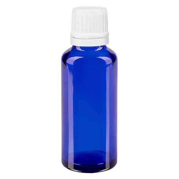 Apoteksflaska blå 30ml droppflaska 1,2mm vit barnsäker förslutning Apoteksflaska blå 30ml droppflaska 1,2mm vit barnsäker förslutning