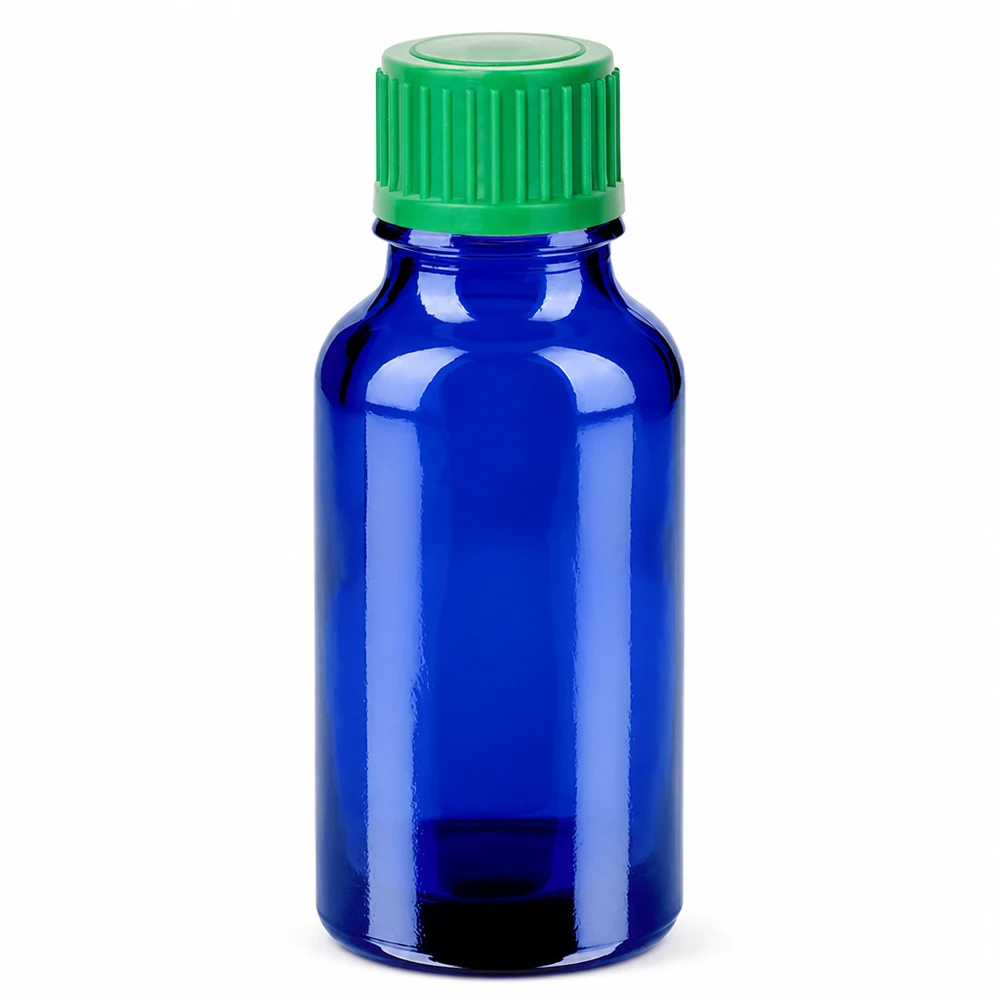 20ml Droppflaska 0,8mm grön standardförslutning BlueLine UT18/20 20 ml blå glasflaska med grön dropplock för exakt dosering av farmaceutiska produkter