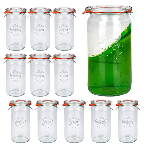 Set med 12 Weck-burkar 340 ml cylinderburkar med 12 glaslock Set med 12 Weck-burkar 340 ml cylinderburkar med 12 glaslock