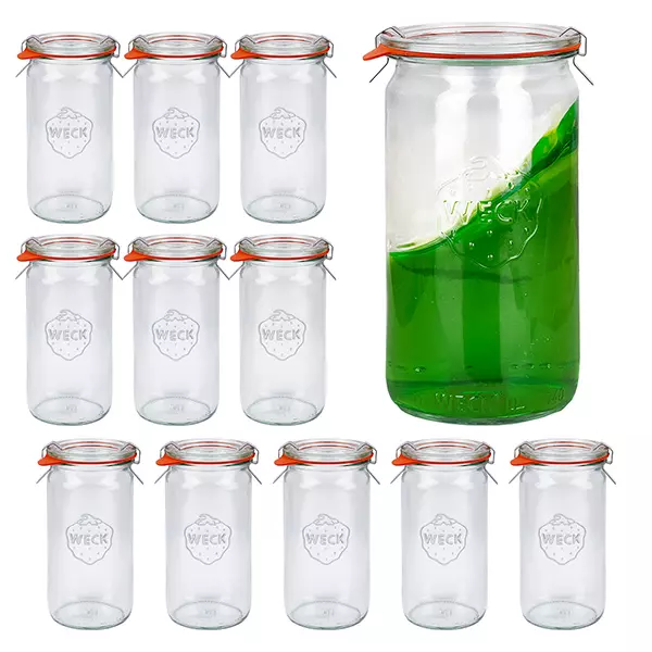 Set med 12 Weck-burkar 340 ml cylinderburkar med 12 glaslock Set med 12 Weck-burkar 340 ml cylinderburkar med 12 glaslock
