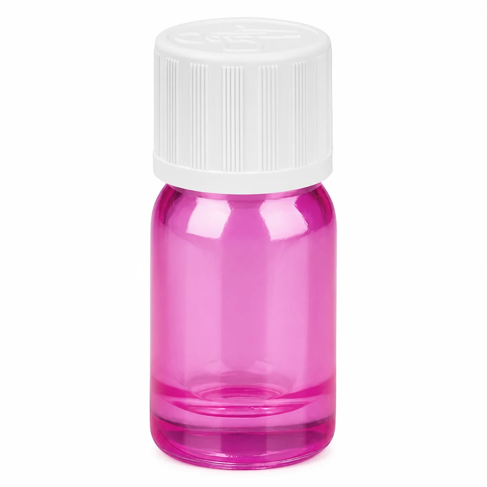 5ml flaska 11mm skruvkork vit standard barnsäker PurpleLine UT18/5 5ml glasflaska i ljus violett med vitt skruvlock för kosmetika och aromaterapi