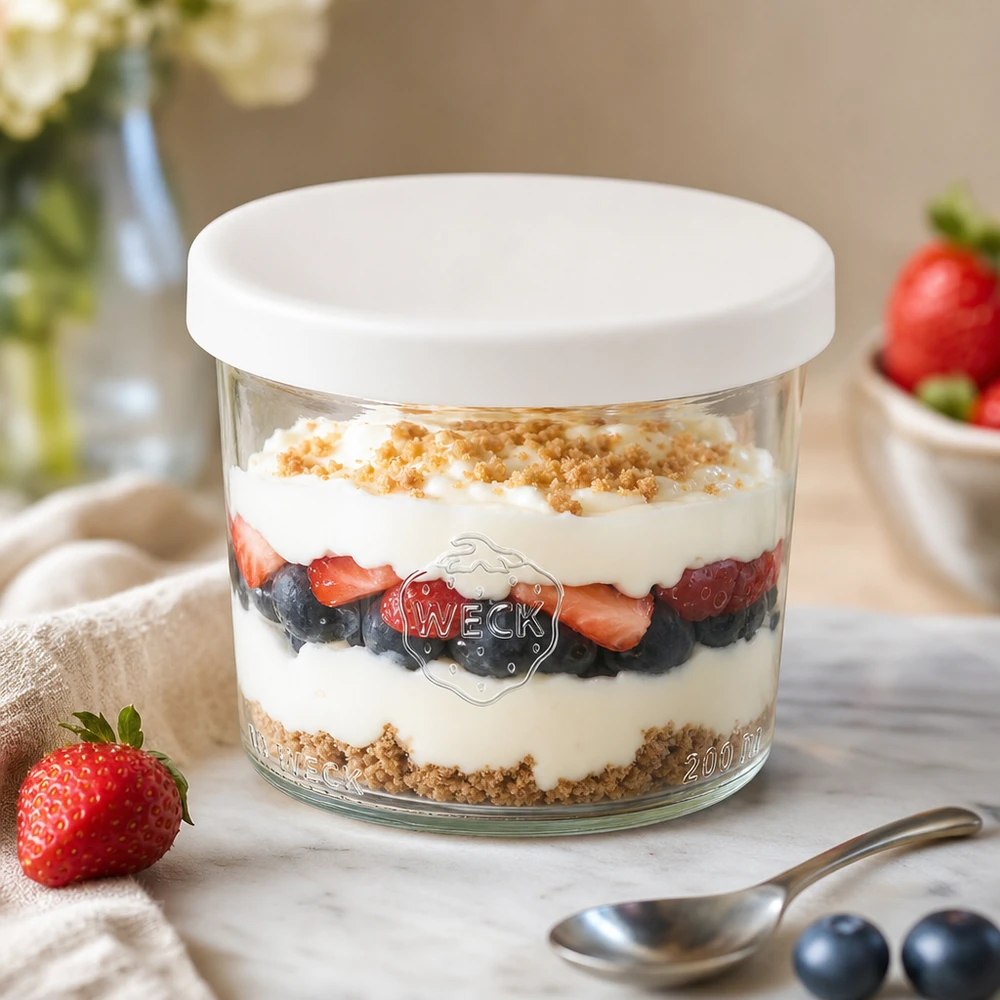 WECK glas 200ml RR80 med skiktade desserter bär yoghurt vit silikonlock dessertburk för söta desserter