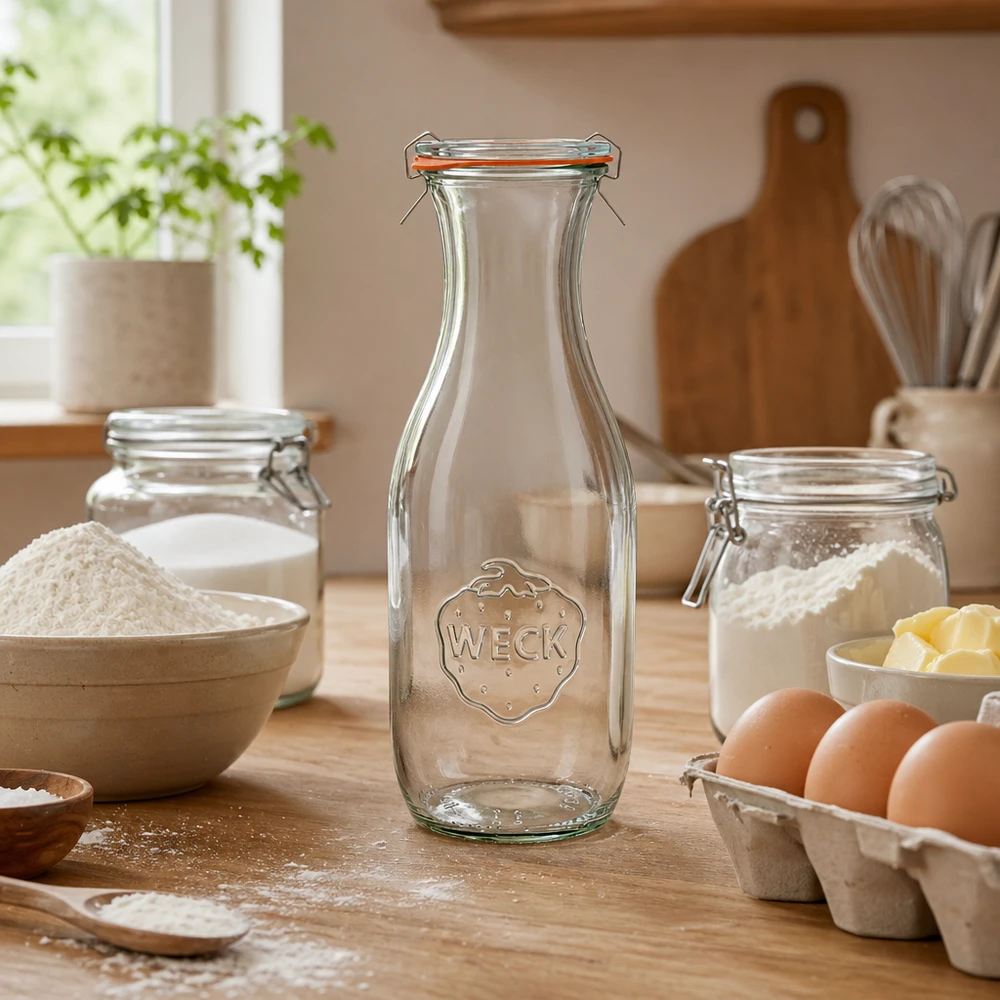 WECK juiceflaska 1062ml RR60 tom i rustikt kök med bakingredienser mjöl ägg och köksredskap