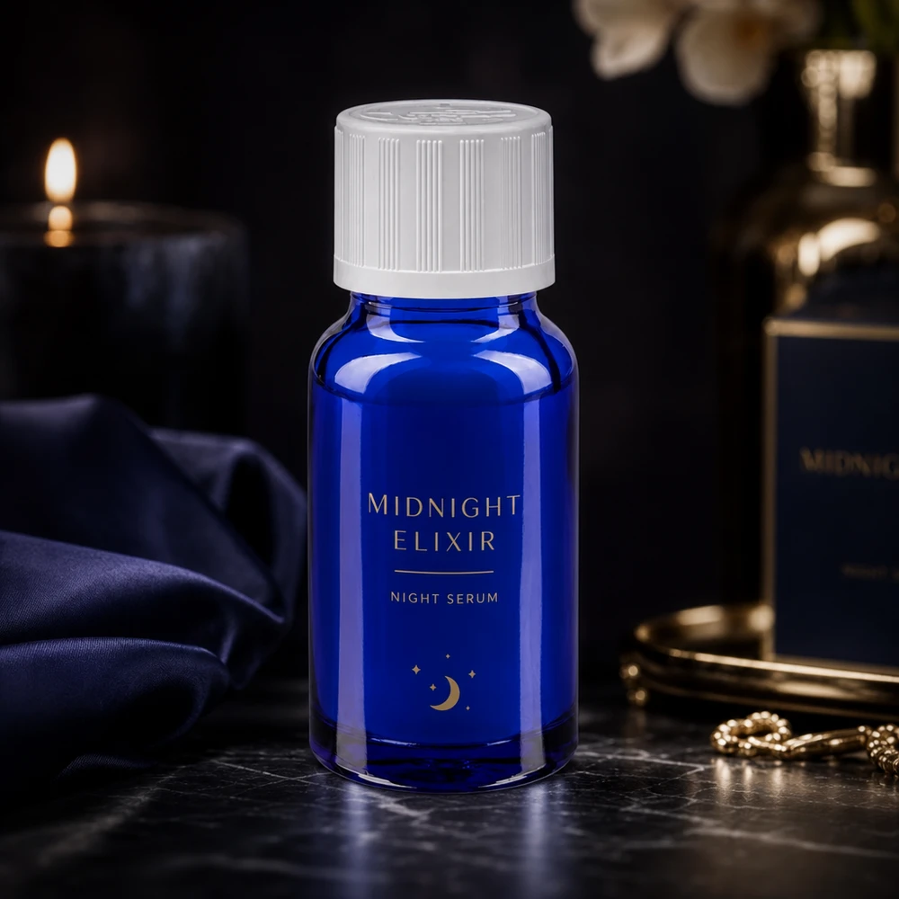Apoteksflaska blå 10ml dropplock vit barnskyddande standard Midnight Elixir Night Serum i en koboltblå 10 ml droppflaska av apotekerglas på marmor