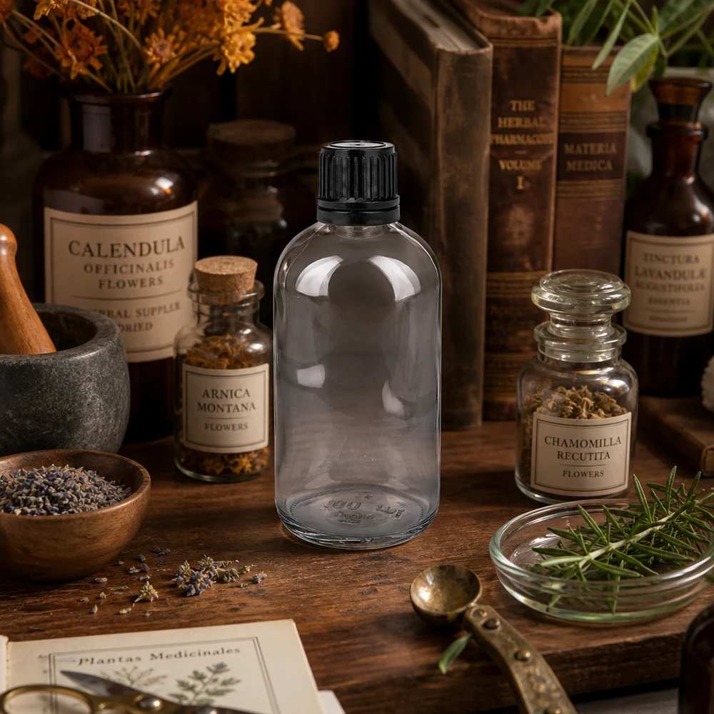 Apoteksflaska 100 ml i klart glas med skruvlock, inom kategorin medicinalväxter och homeopati-tillbehör