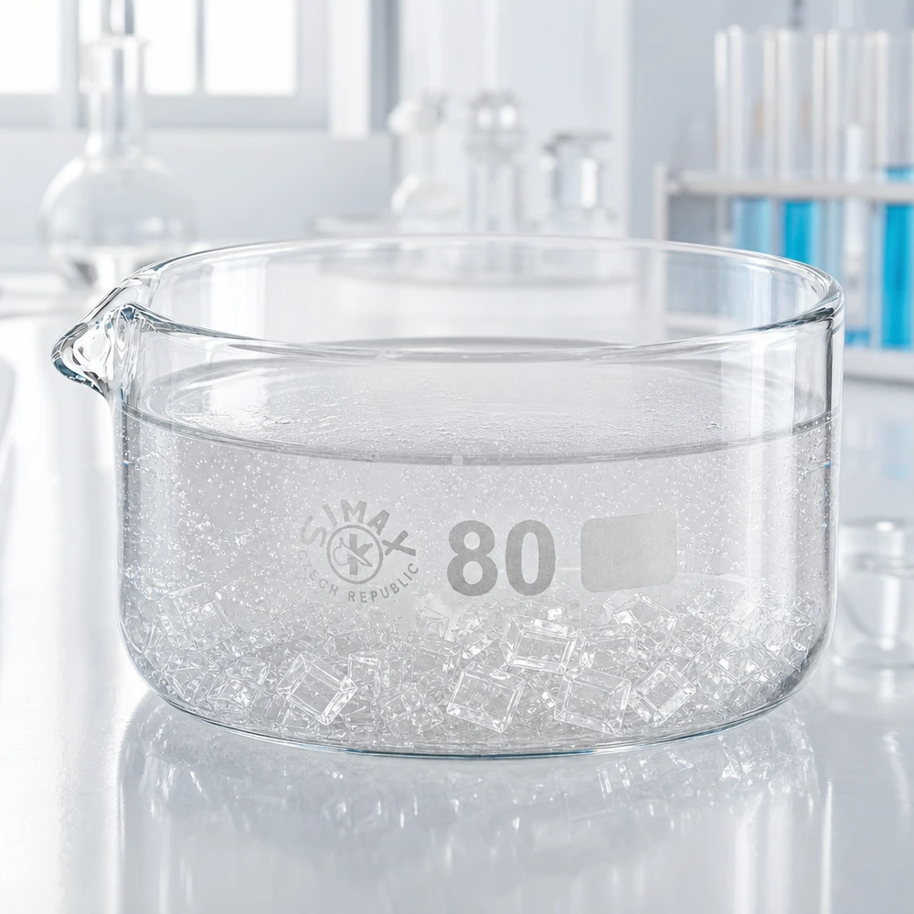 Platt kristalliseringsskål, 150 ml, med isbitar och utlopp, tillverkad av klart laboratorieglas, ø80 mm