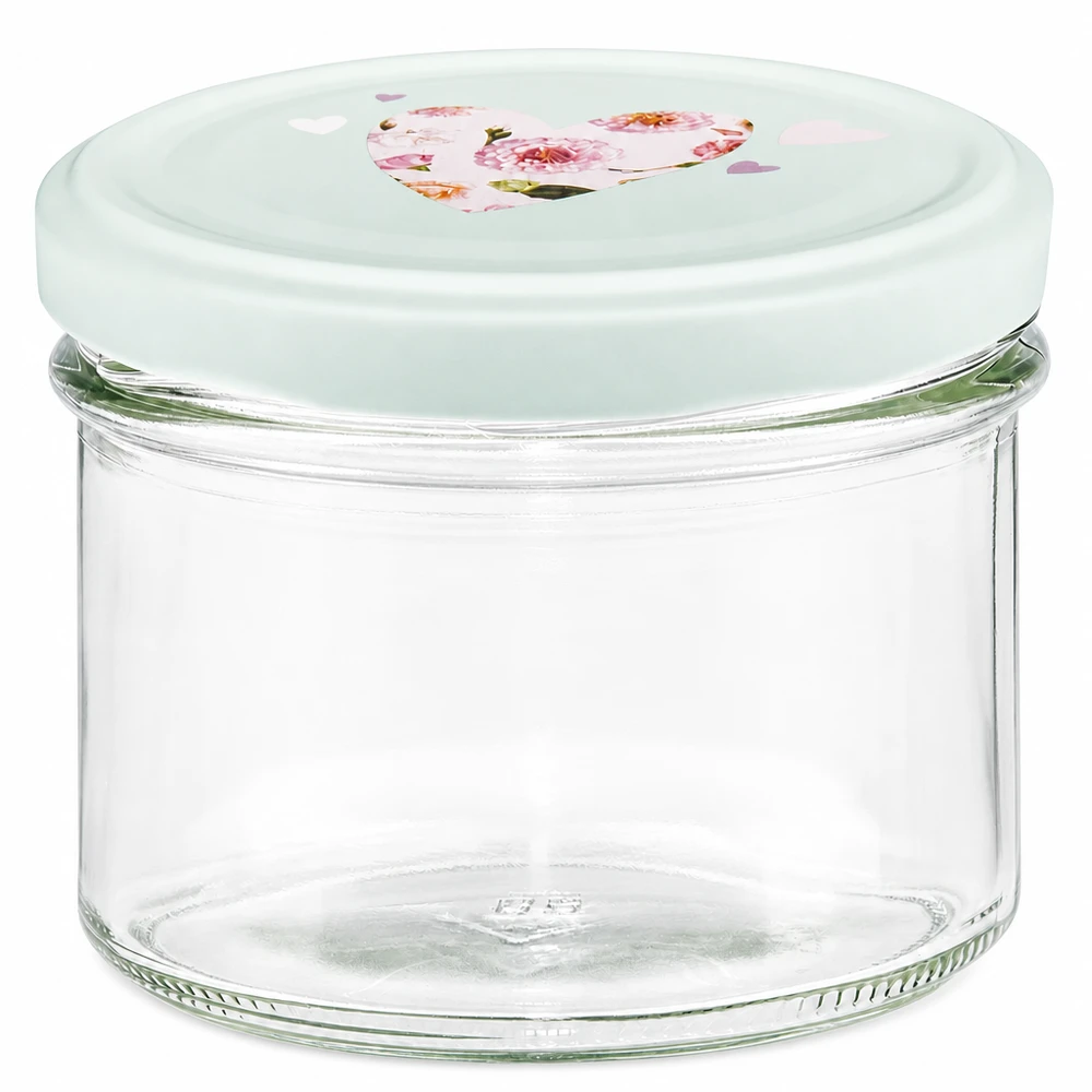 225 ml Krossade glasögon + BasicSeal-lock hjärta mint UNiTWIST 225 ml glas med BasicSeal-lock i klarglas i mint med hjärtmönster för sylt och konserver
