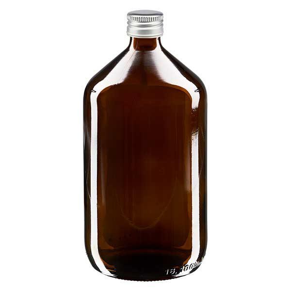1000 ml medicinflaska brun, med silverfärgat aluminiumlock ApoGlas