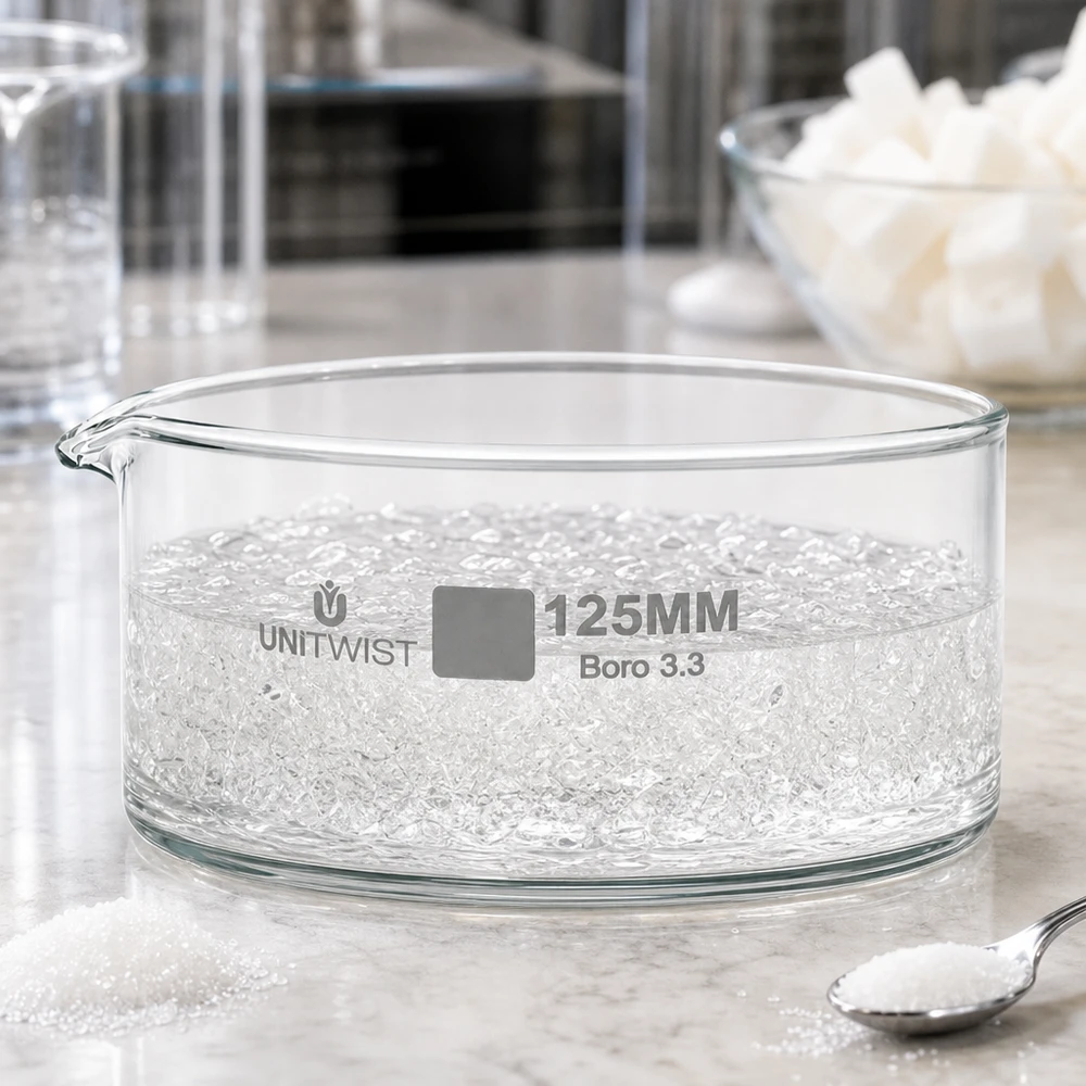 Kristallisationskärl ø125 mm, borosilikatglas UNiTWIST Kristalliseringsskål 125 mm UNiTWIST Boro 3.3 med vita sockerkristaller på marmoryta