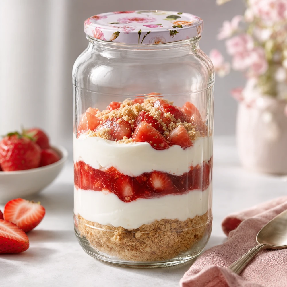 1062ml rund burk + BasicSeal-lock blomma rosa UNiTWIST Skiktad dessert i en 1062ml rund burk med rosa blomlock Jordgubbar Grädde Biscuitbotten BasicSeal lock Dessert