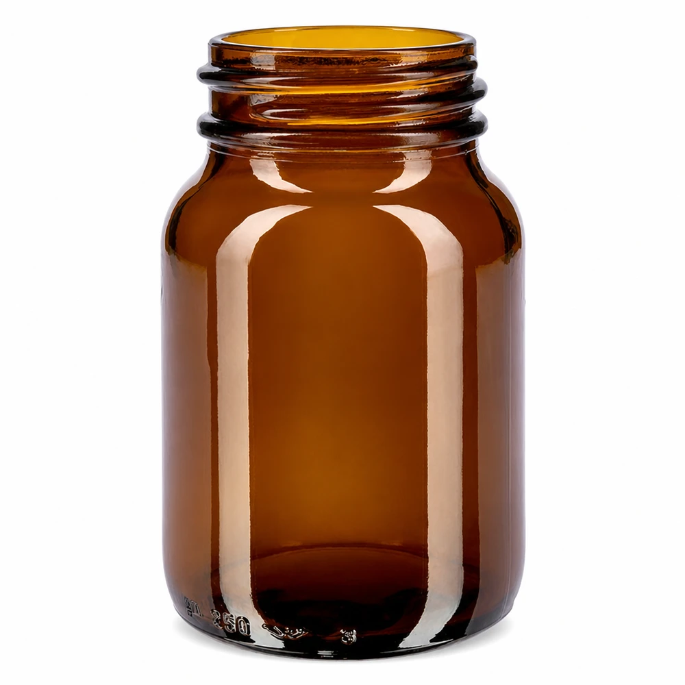 250ml bärnstensglasflaska med bred hals 250 ml bredhalsad flaska i bärnstensfärgat glas med stor öppning för enkel påfyllning