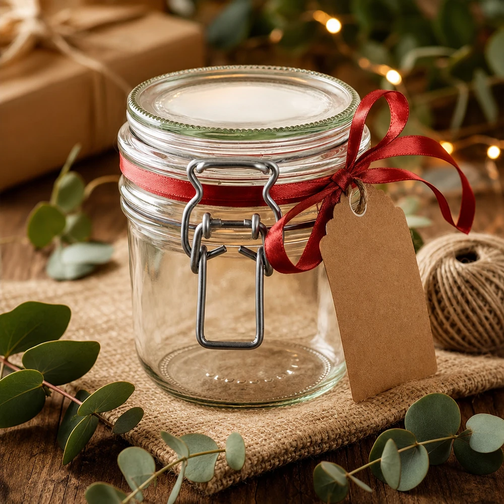 255 ml förvaringsburk av typ G med klämförslutning UN.. 255ml Vorratsglas mit Bügelverschluss als Geschenkidee mit roter Schleife und Geschenkanhänger dekoriert