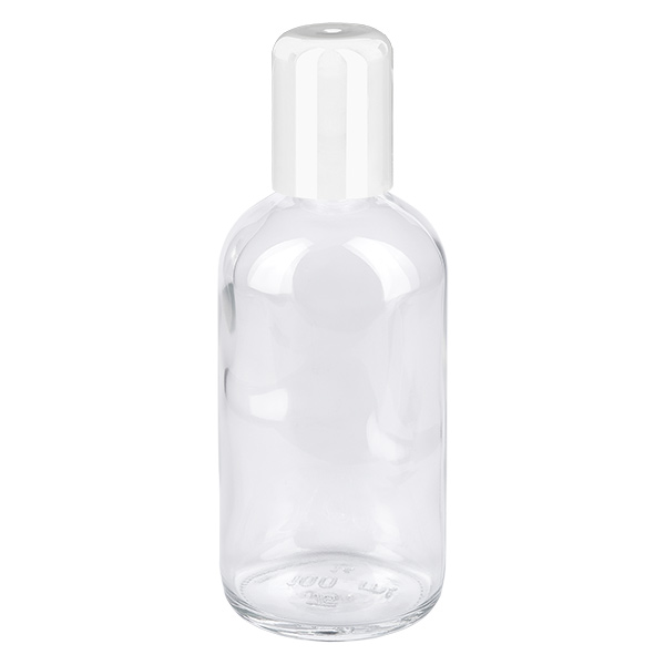 100ml Roll-On flaska vit med standardlock ClearLine UT18/100 100 ml roll-on-flaska i vitt, transparent ClearLine-material av PET-plast med vit kork