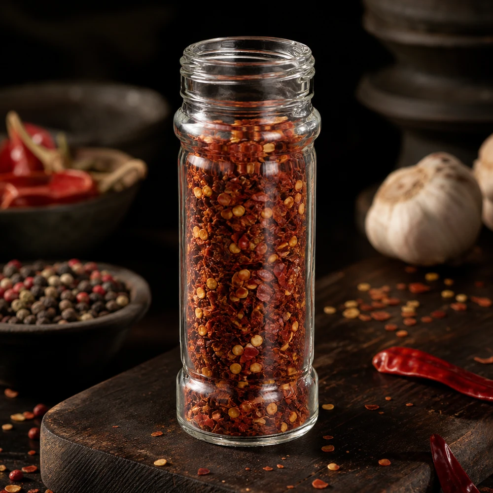 Kryddburk Mary 100 ml fylld med chiliflingor bredvid vitlök och pepparkorn