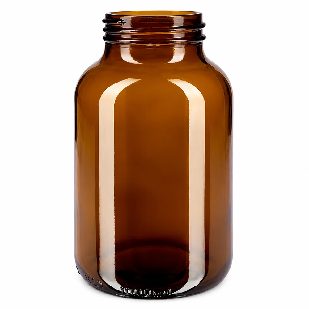 1000ml flaska med bred hals bärnstensfärgat glas Bernsteinfarbene Glasflasche 1000ml mit breiter Öffnung für Pulver und Flüssigkeiten