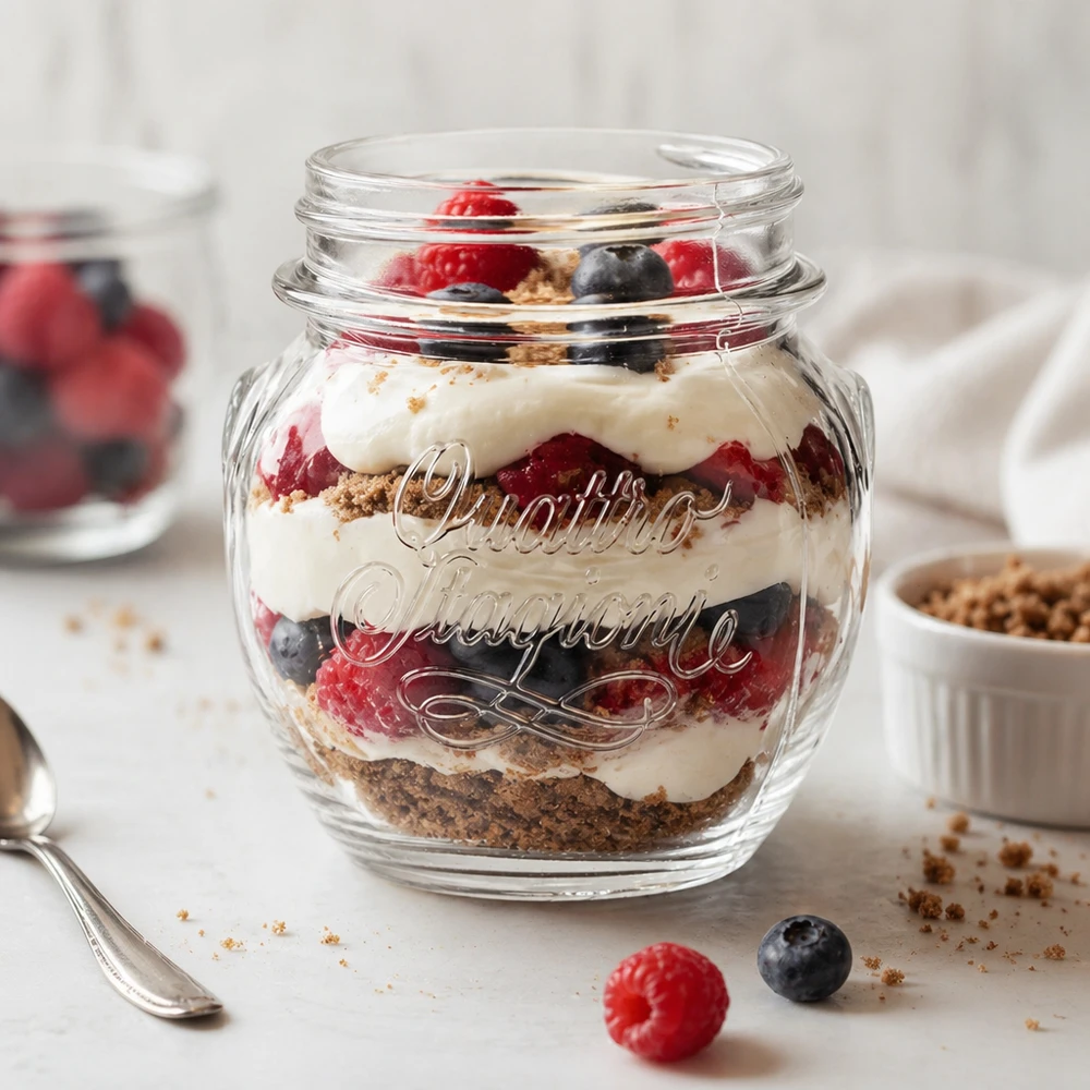 300 ml Quattro Stagioni hushållsglas fyllt med en lagrad dessert av bär, grädde och kexsmulor