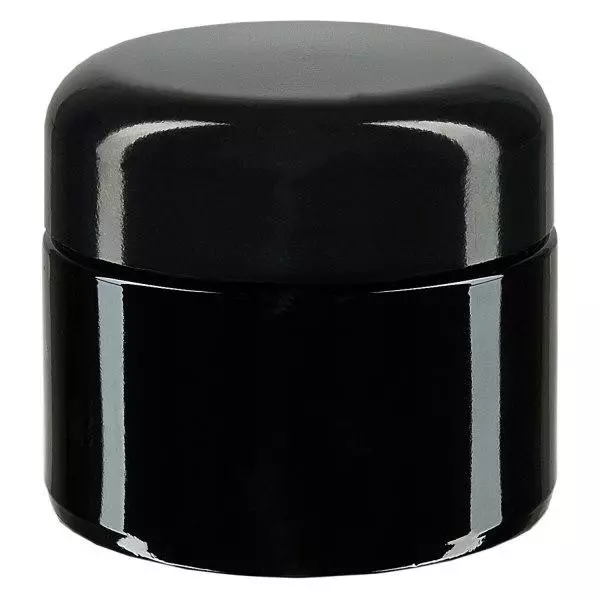 Kosmetikburk i violett glas 50ml, med svart lock Kosmetikburk i violett glas 50ml, med svart lock