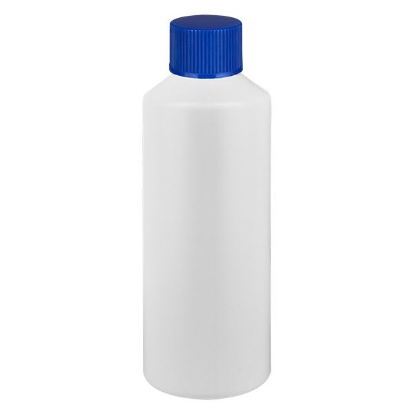 Apoteksflaska HDPE 100ml vit, med blått skruvlock Apoteksflaska HDPE 100ml vit, med blått skruvlock