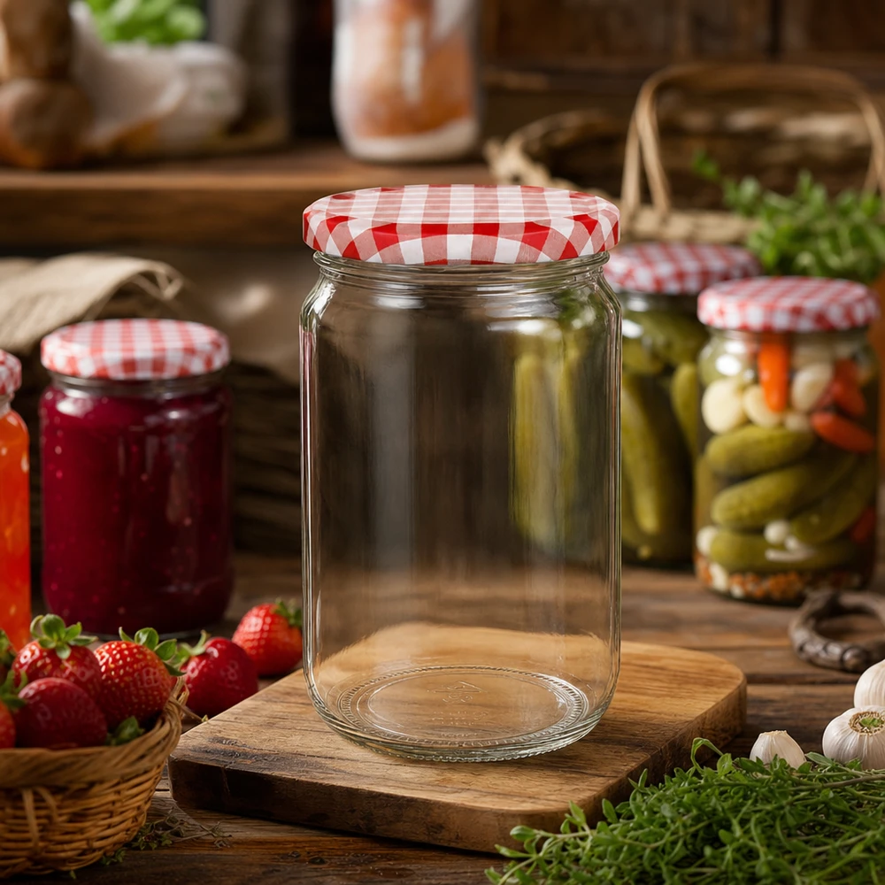795ml rund burk med BasicSeal-lock röd/vit UNiTWIST 795 ml rund burk med rött och vitt lock på en träbräda i ett rustikt kök, omgiven av konserveringsburkar och ingredienser