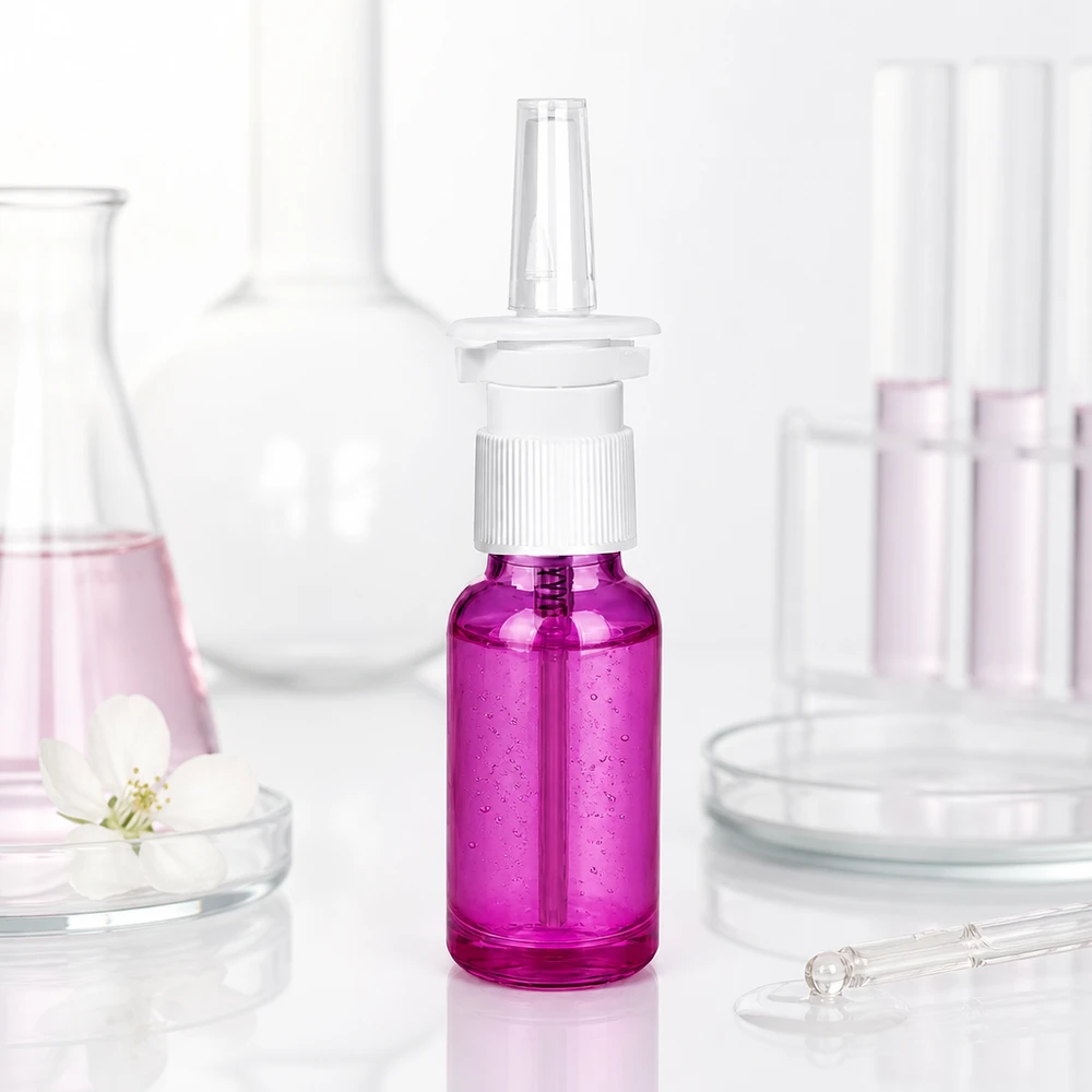 20ml nässprayflaska vit/transparent standard PurpleLine. UT18/20 Liten 20 ml nässprayflaska i ljuslila färg med vitt sprayfäste för exakt dosering