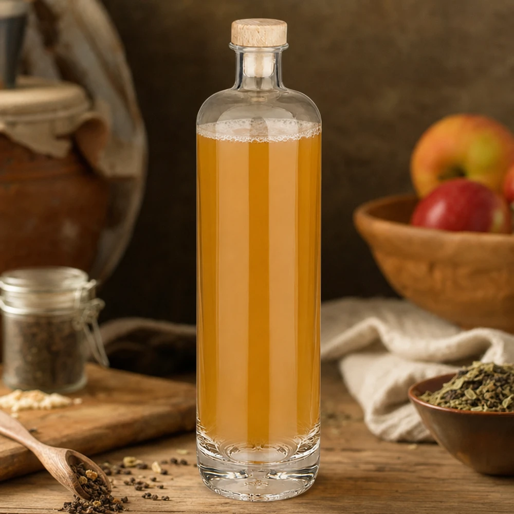 700 ml glasflaska Ella med gyllene tinktur och träkork omgiven av kryddor och frukt i ett rustikt kök