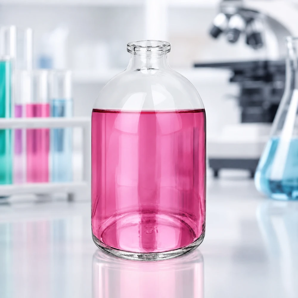 Injektionsflaska klarglas 100ml Großaufnahme einer 100ml Injektionsflasche Klarglas mit pink gefärbtem Labormedium