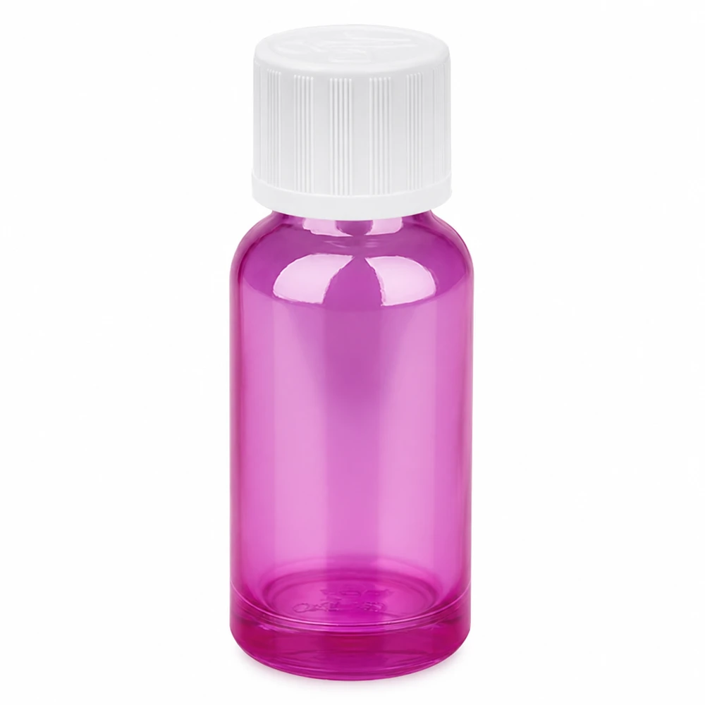 20 ml droppflaska 1,2 mm vit standard barnsäker PurpleLine.UT18/20 20 ml droppflaska, lila transparent med vitt skruvlock för exakt dosering