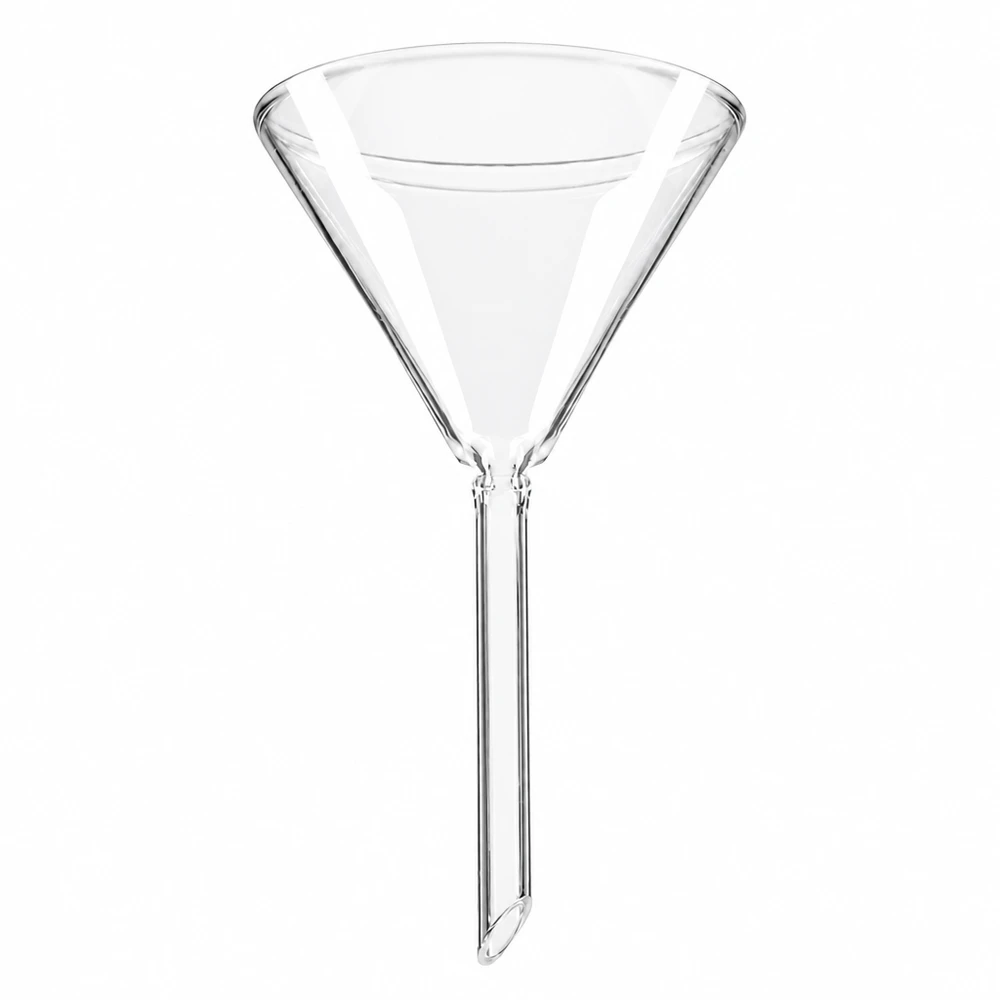 Tratt ø70mm soda lime, vinkel 60°, kort modell Glastratt 70 mm i diameter tillverkad av soda-lime-glas med kort handtag för exakt dekantering