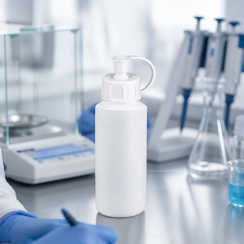 Apoteksflaska i HDPE, 30 ml, vit, med klafflock, framför en laboratorievåg och pipetter i bakgrunden