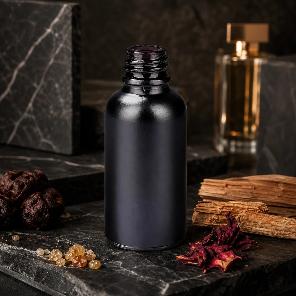 Elegant 30 ml apoteksflaska i matt svart med praktiskt UNiTWIST UT18/30 förslutningssystem