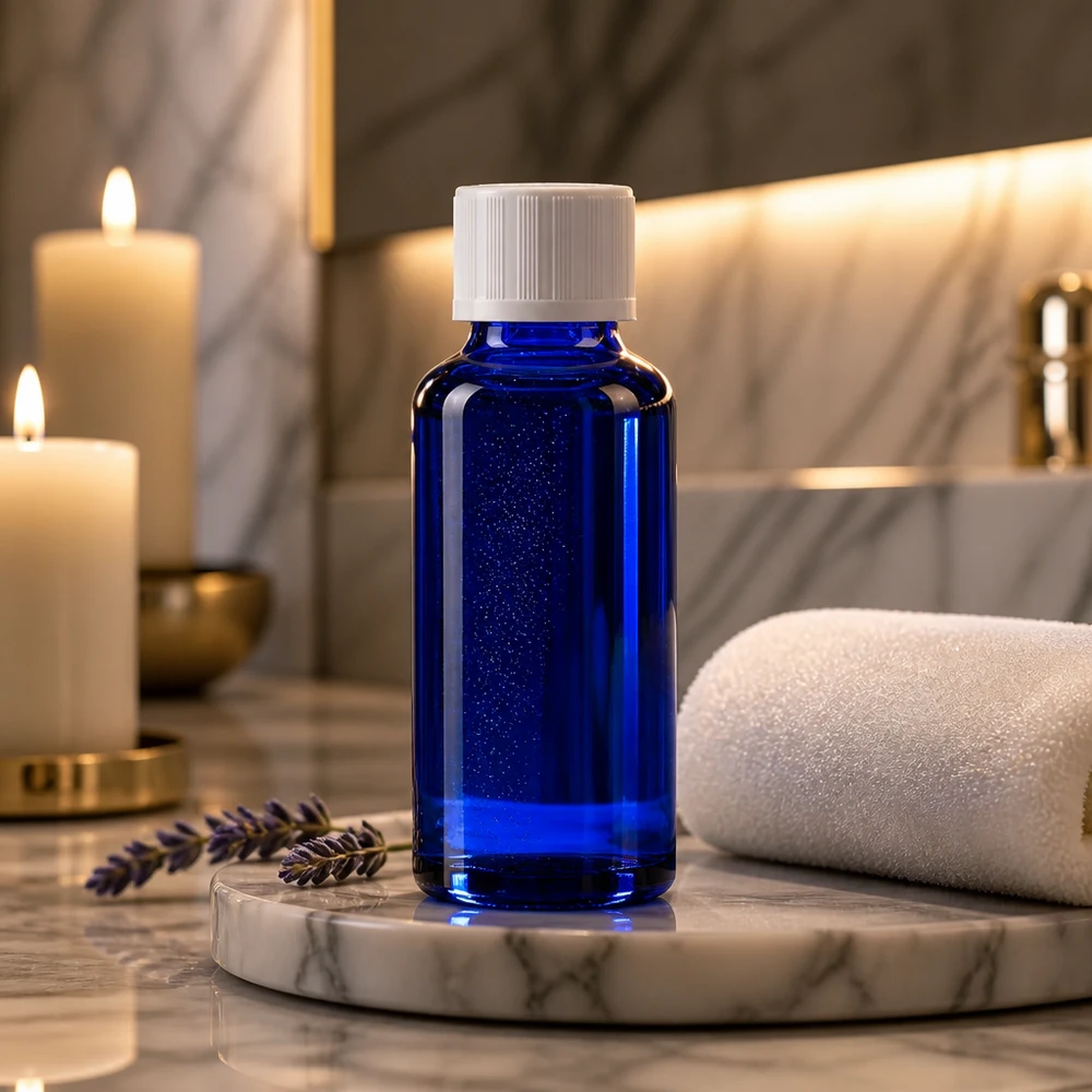 Lyxig koboltblå glasflaska på 30 ml med vitt säkerhetslock på ett elegant marmorfat