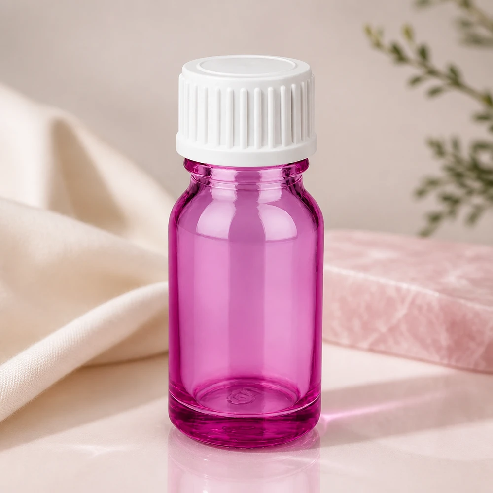 10ml (globule) flaska. 3 mm hällring vit standard PurpleLine. UT18/10 Kompakt 10 ml glasflaska i magenta med barnsäkert lock för säker förvaring