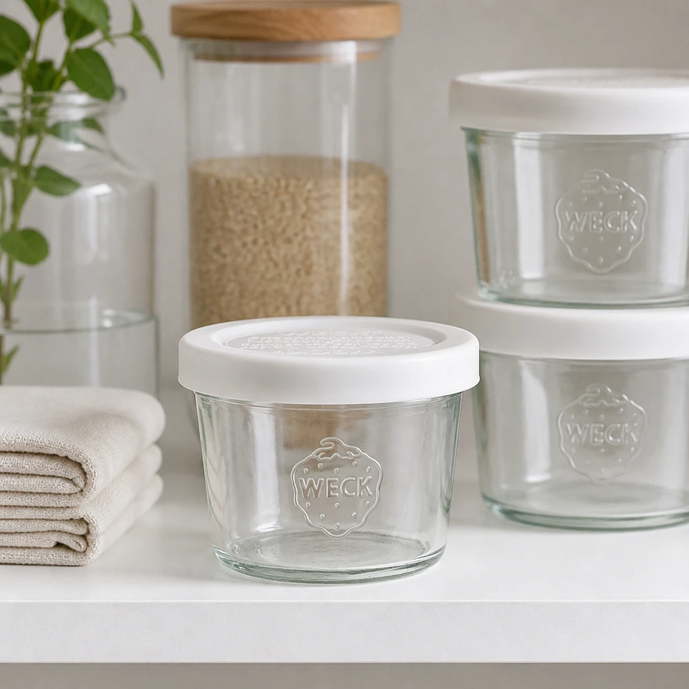 35ml Krossade glasögon med lock för färskhet WECK RR40 WECK 35ml RR40 tumblers på en modern kökshylla med andra förvaringsburkar, snygg förvaringslösning