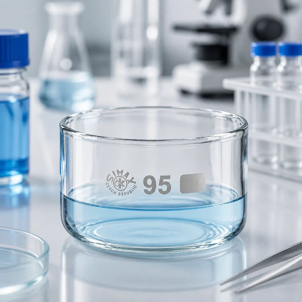 300ml kristalliseringsskål utan pip borosilikat ø95mm Kristallisationsskål 300 ml med blå vätska i laboratoriet, Simax borosilikatglas, ø95 mm