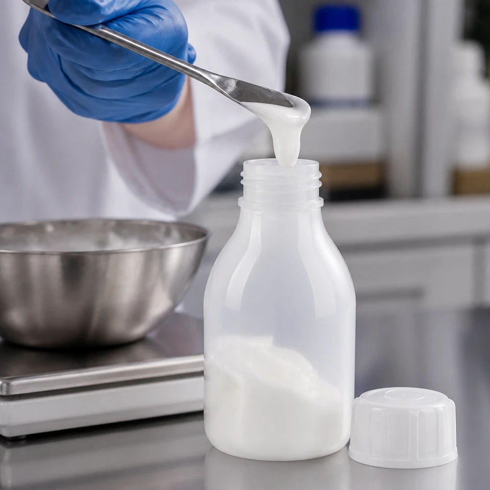 Den krämiga vita substansen fylls med en metallspatel i en liten 30 ml laboratorieflaska med smal hals