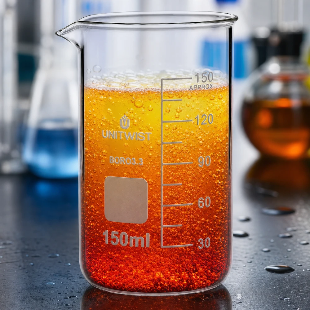 Bägare 150ml borosilikat, hög form UNiTWIST UNITWIST bägarglas 150 ml, borosilikatglas, hög form, med orange-röd vätska och bubblor i laboratoriet