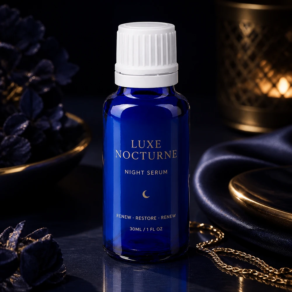 Apoteksflaska blå 20ml skruvkork vit med säkerhetsförslutning Blå 30 ml apoteksflaska med vitt skruvlock, avsedd som nattserum, med ett guldfärgat månlogotyp