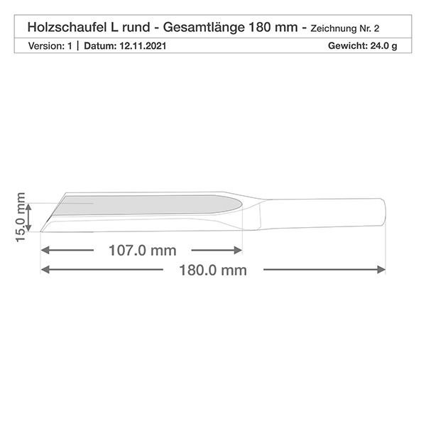 Träspade storlek L platt form - 180 mm lång Detaljritning av träspade L med måtten 107mm Spadblad 180mm Total längd 15mm Höjd Produktspecifikation