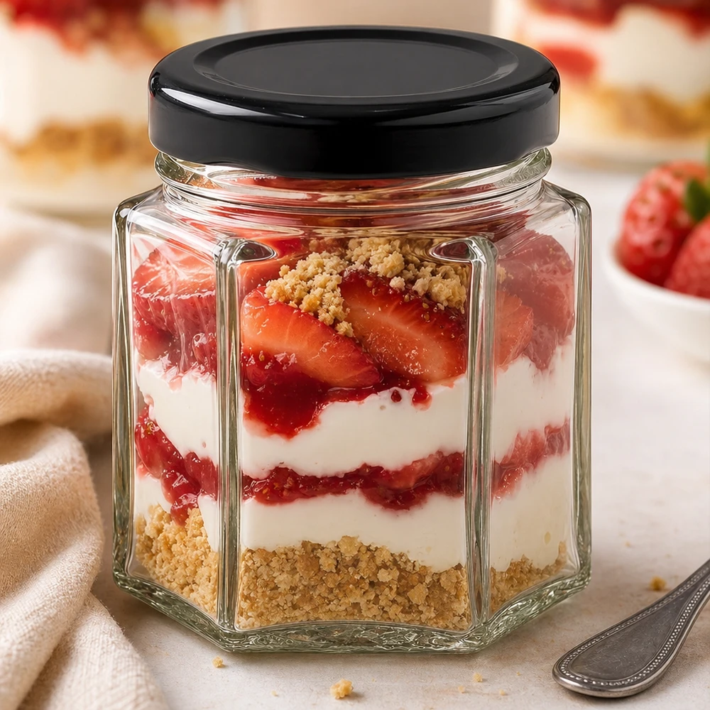 47 ml hexa burk med lock BasicSeal svart UNiTWIST 47 ml hexaglas med svart lock som dessertglas med en skiktad dessert av jordgubbar, grädde och kexsmulor