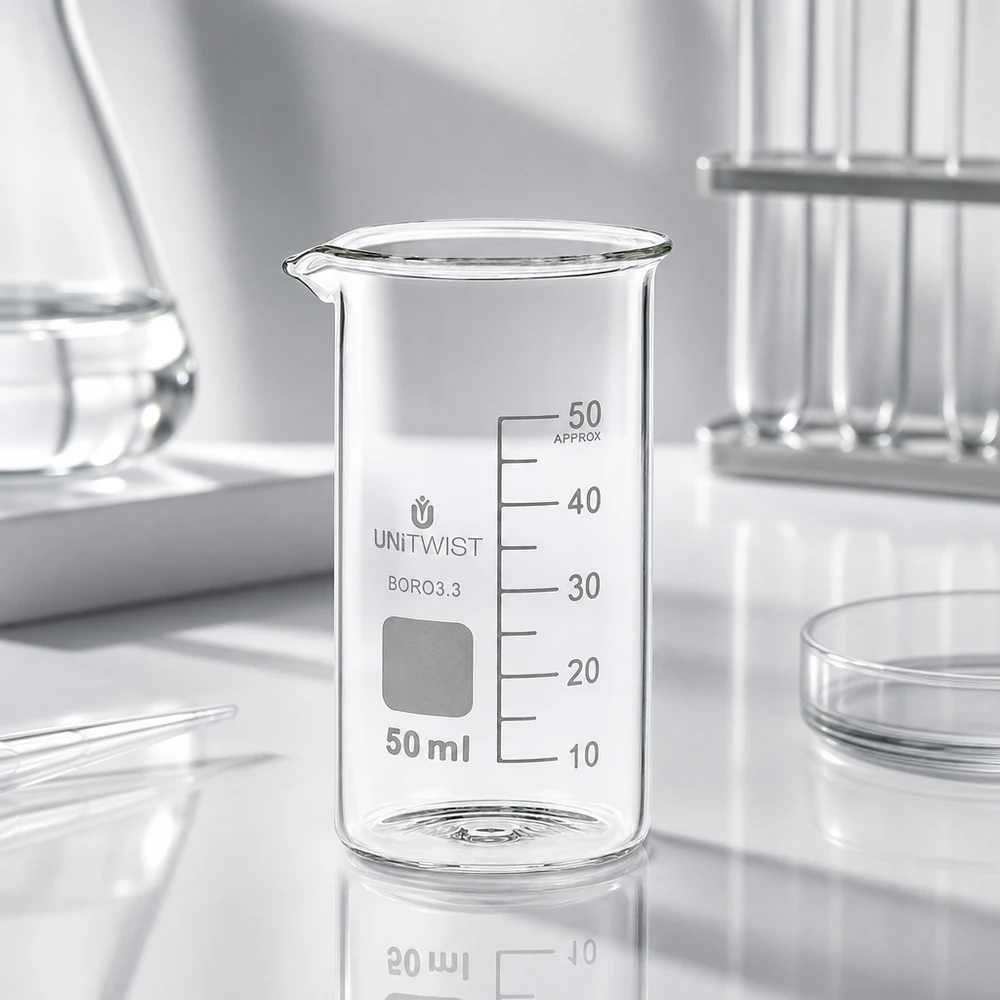 Bägare 50ml borosilikat, högformad UNiTWIST Tomt bägarglas, 50 ml, hög form, borosilikatglas 3.3, UNITWIST, bland laboratorieutrustning på en vit yta