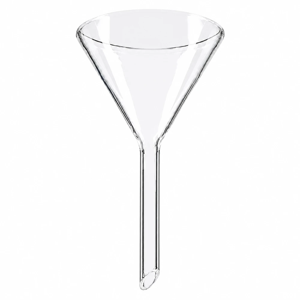 Tratt ø60mm soda lime, vinkel 60°, kort modell Glastratt 60 mm diameter tillverkad av sodakalkglas med kort handtag för laboratoriebruk