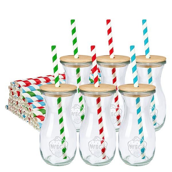 6 x WECK 290 ml juiceflaska RR60 med trälock och 100 eco S 6 WECK juiceflaskor 290 ml med trälock och färgglada ekologiska papperssugrör grön röd blå randig glasflaskor set