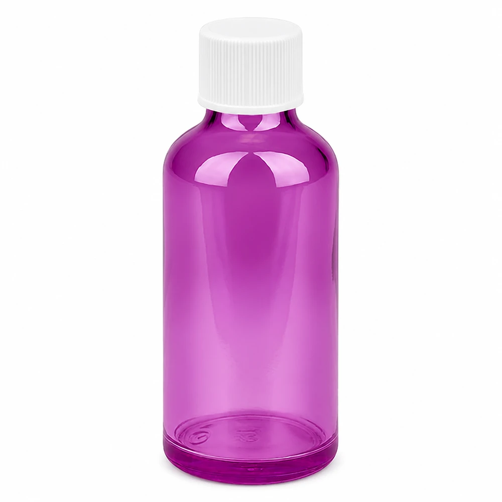 50ml flaska 11mm skruvkork vit standard PurpleLine UT18/50 50 ml glasflaska i violett med vitt skruvlock för kosmetika och läkemedel