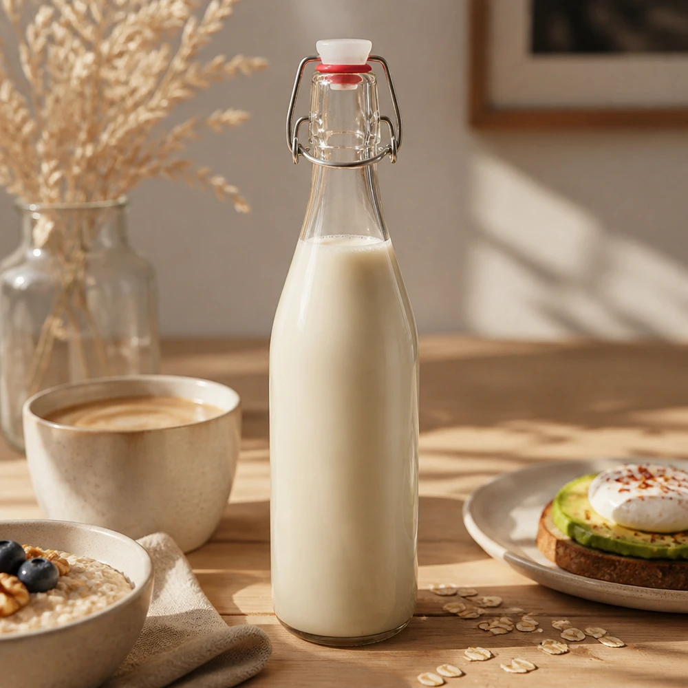 500 ml glasflaska med svängbar topp fylld med havremjölk varm frukoststämning växtmjölk mjölkersättning