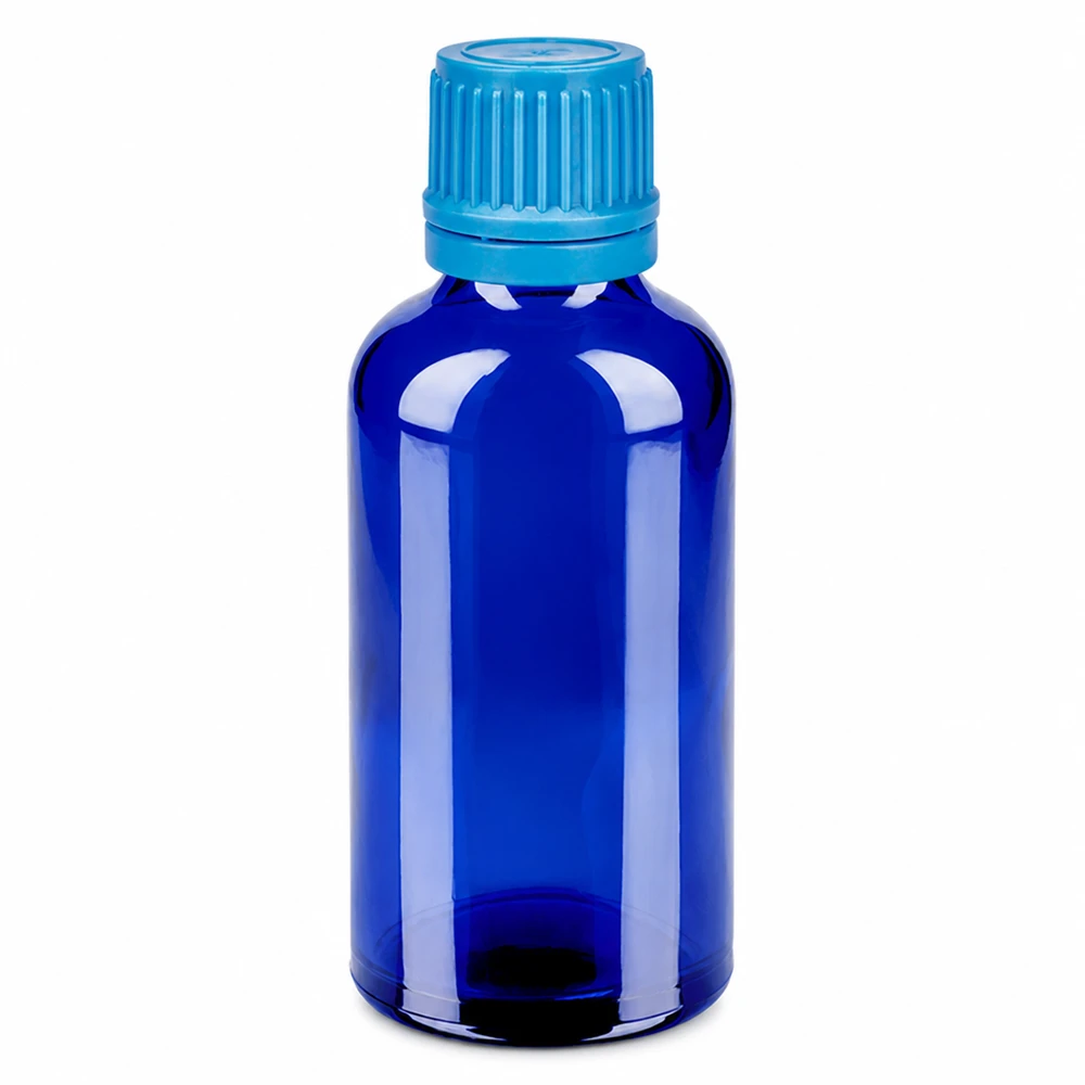 50ml flaska 11mm skruvkork blå säkerhetslock BlueLine UT18/50 50 ml blå glasflaska med 11 mm skruvlock för droppapplikationer